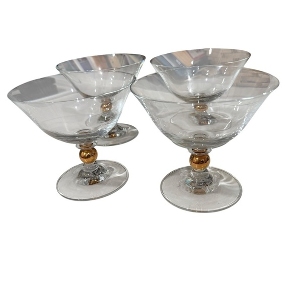 Vintage Lot of 4 MCM Glass Champagne Coupes with Gold Ball on Stem 5 inches wide - Picture 3 of 6